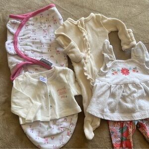 Newborn Girls Lot of 5 pieces Swaddle Me Onesie Pants matching Top